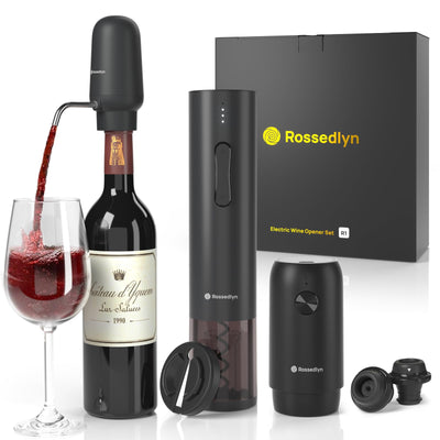 Rossedlyn Rechargeable Electric Wine Opener Gift Set - Aerator Bottle Opener Foil Cutter Wine Vacuum Pump and Stoppers for Home Bar Outdoor Party
