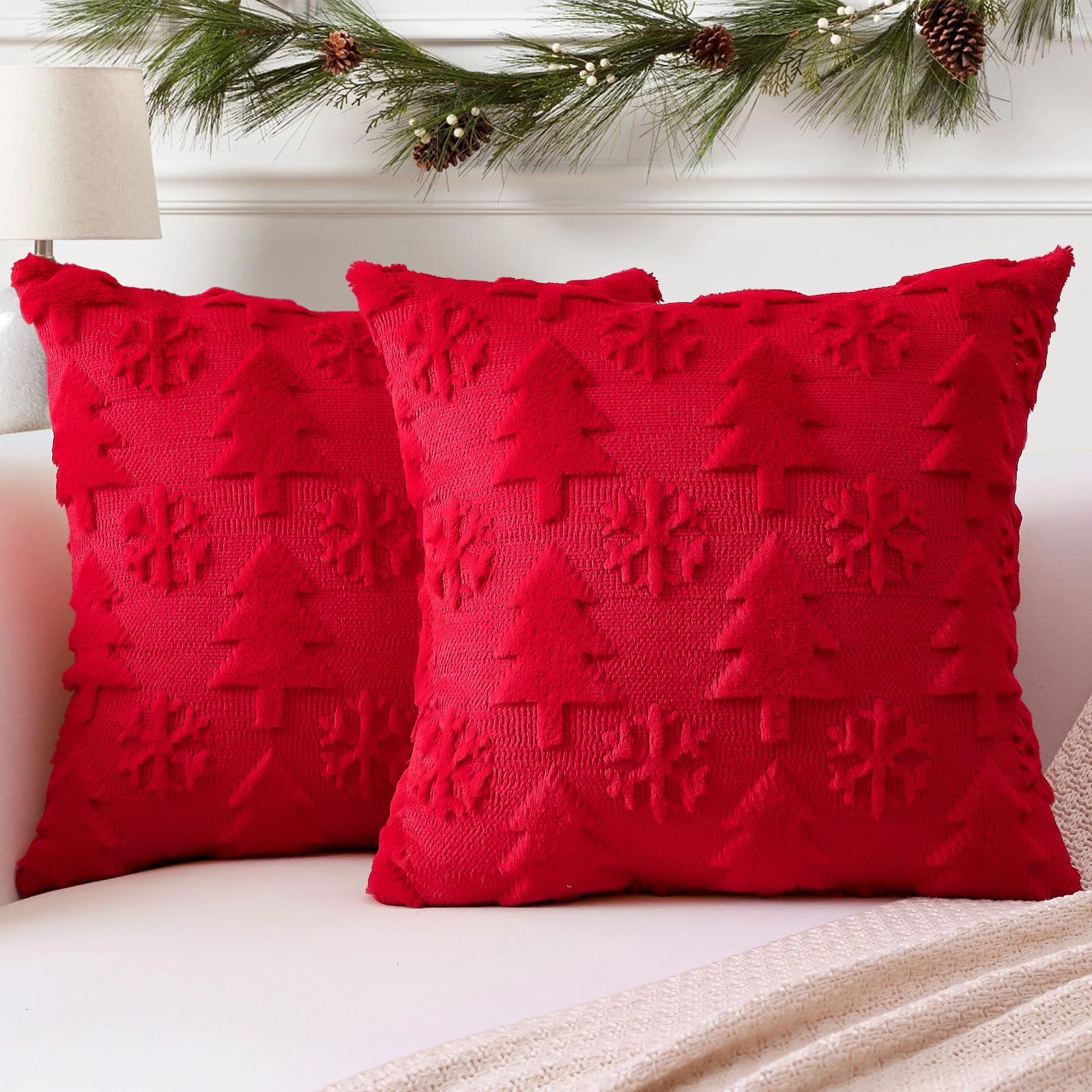OTOSTAR Set of 2 Xmas Soft Plush Short Wool Velvet Decorative Throw Pillow Covers Square Luxury Style Cushion Case Pillow Shell for Sofa Bedroom Tree and Snowflake Red 22x22 Inch