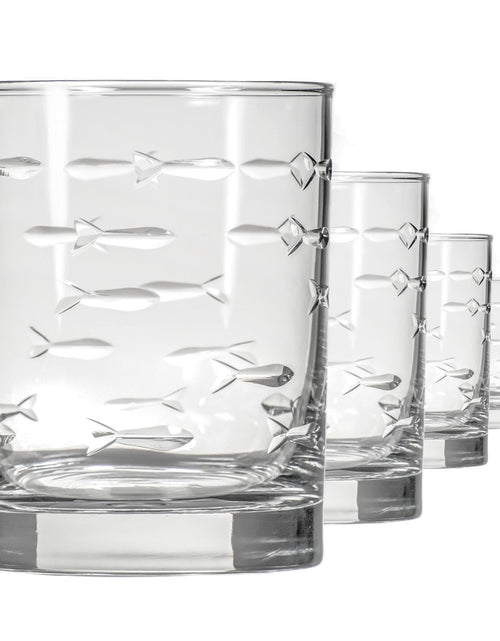 Load image into Gallery viewer, Rolf Glass School of Fish 13oz Double Old Fashioned Glass | Whiskey Glass Set of 4 | Lead-Free Glass | Engraved Tumbler Glasses | Designed and Engraved in the US
