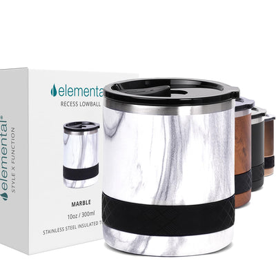 Elemental Recess Lowball Tumbler 10oz Triple Wall Stainless Steel Cup with Non-Shattered Tritan Lid Insulated Whiskey Glass Insulated Coffee Tumbler Mug for Hot & Cold Drinks - White Marble