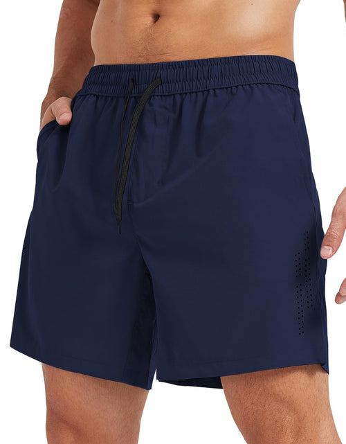 Load image into Gallery viewer, Surenow Mens Athletic Shorts Lightweight Breathable Running Shorts with Zipper Pockets Quick Dry Gym Workout Shorts for Men Navy Blue
