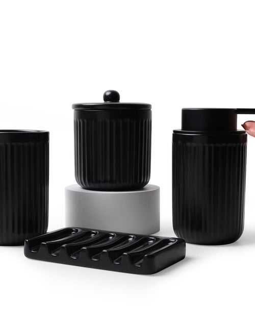 Load image into Gallery viewer, BosilunLife Ceramic Bathroom Accessories Set - Bathroom Counter Soap Set Black Bathroom Decor Sets Accessories Bathroom Lotion Soap Dispenser and Toothbrush Holder Set Soap Dish Apothecary Jars
