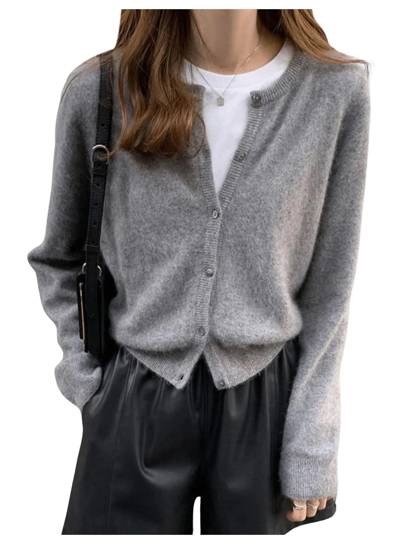 SweatyRocks Cárdigan Ligero de Mujer Cuello Redondo Manga Larga Botones Abajo Suéteres de Punto Gris Grande