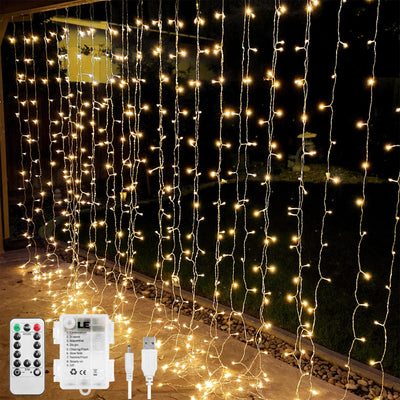 LE Fairy Curtain Lights Battery Operated & USB Plug in Remote 10 x 10 ft Hanging String Lights for Bedroom Wall 300 LED Indoor Outdoor Twinkle Lights for Wedding Party Backdrop Tent Patio Gazebo