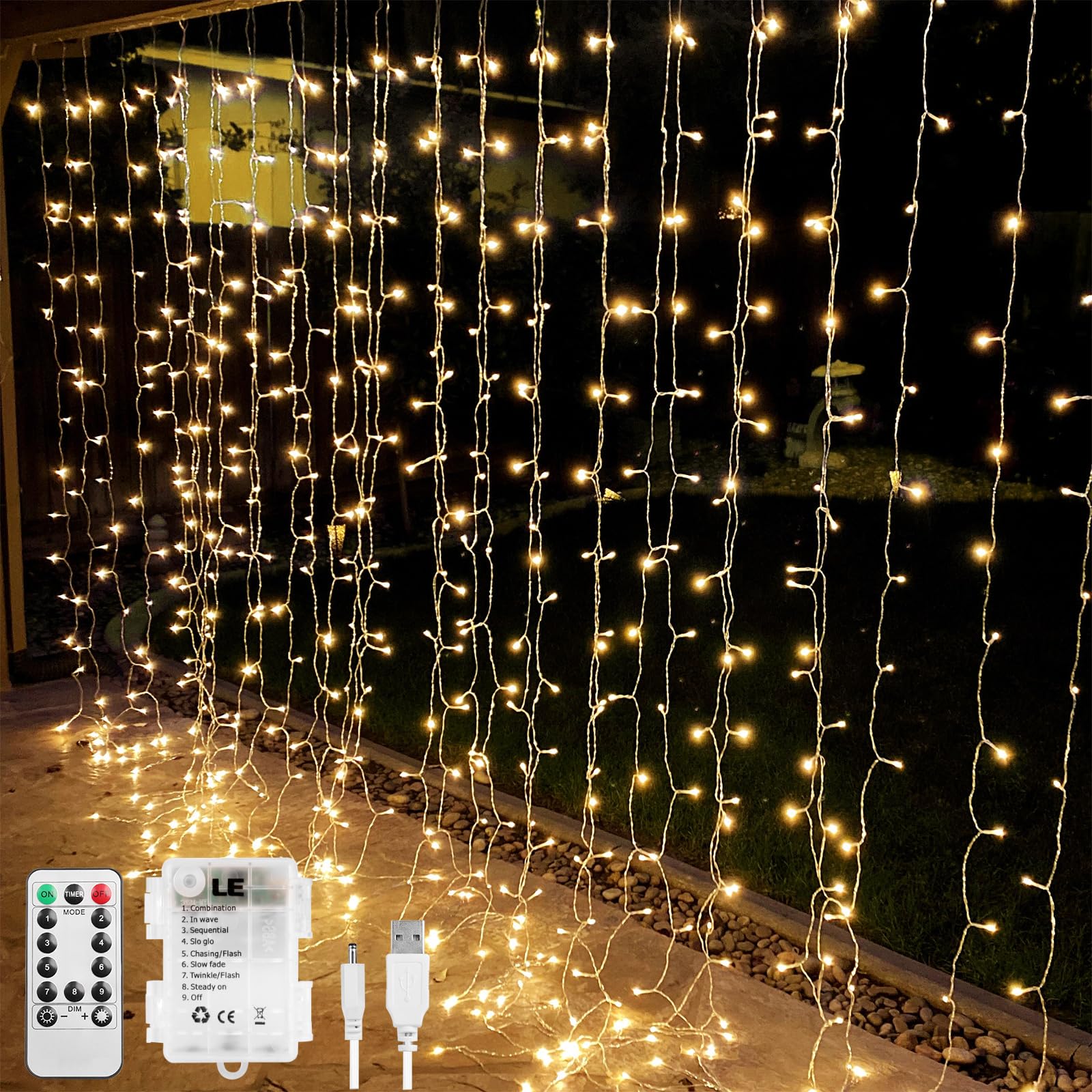LE Fairy Curtain Lights Battery Operated & USB Plug in Remote 10 x 10 ft Hanging String Lights for Bedroom Wall 300 LED Indoor Outdoor Twinkle Lights for Wedding Party Backdrop Tent Patio Gazebo