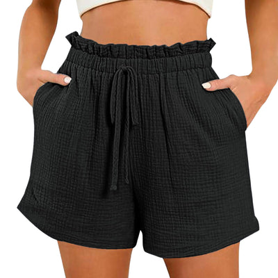 Bsubseach Shorts for Women Cotton Wide Leg Shorts Drawstring High Waisted Shorts with Pocket Summer Casual Ruffle Shorts Black XL
