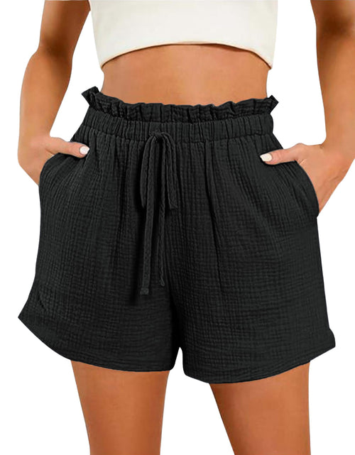 Load image into Gallery viewer, Bsubseach Shorts for Women Cotton Wide Leg Shorts Drawstring High Waisted Shorts with Pocket Summer Casual Ruffle Shorts Black XL
