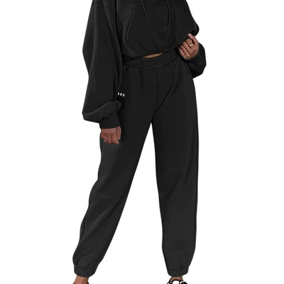 Herseas 2 Piece Lounge Set Outfits for Women 2024 Fall Hooded Long Sleeve Sweatsuits with Jogger Sweatpants Lounge Set Black with Logo Large