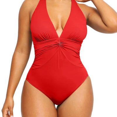 SHAPELLX Shapewear Swimsuits for Women Tummy Control V Neck One Piece Crisscross Back Bathing Suit（Red XXX-Large）