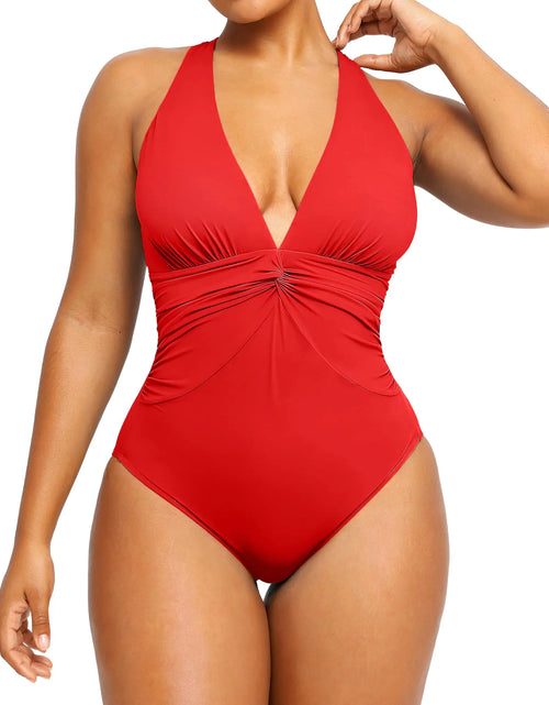 Load image into Gallery viewer, SHAPELLX Shapewear Swimsuits for Women Tummy Control V Neck One Piece Crisscross Back Bathing Suit（Red XXX-Large）
