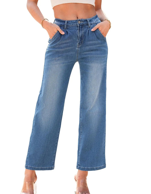 Cargar imagen en el visor de la galería, Astylish Jeans para mujer de cintura alta, pierna ancha, holgados, elásticos, cropped, a la moda para mujer 2024 Ashleigh Blue Talla 8
