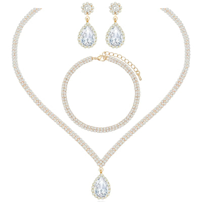 Chaoyite Elegante Conjunto de Joyas de Collar, Pendientes y Pulsera de Cristal para Boda, para Mujer, Novias, Damas de Honor, Fiesta de Graduación, Regalos de Accesorios de Disfraz (Estilo #2-cristal blanco-tono dorado)