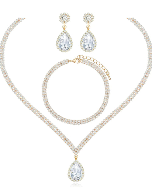 Cargar imagen en el visor de la galería, Chaoyite Elegante Conjunto de Joyas de Collar, Pendientes y Pulsera de Cristal para Boda, para Mujer, Novias, Damas de Honor, Fiesta de Graduación, Regalos de Accesorios de Disfraz (Estilo #2-cristal blanco-tono dorado)
