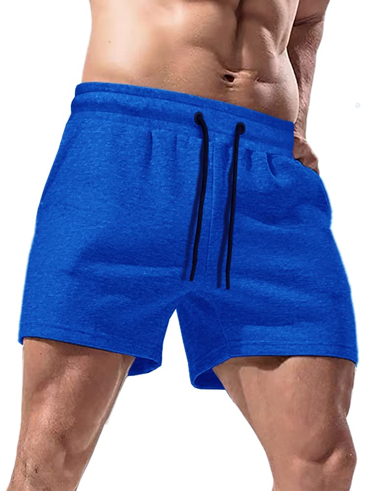 Lehmanlin Mens Cotton Running Shorts with Pockets 5 Inch Workout Bodybuilding Training Shorts(Blue-XL)
