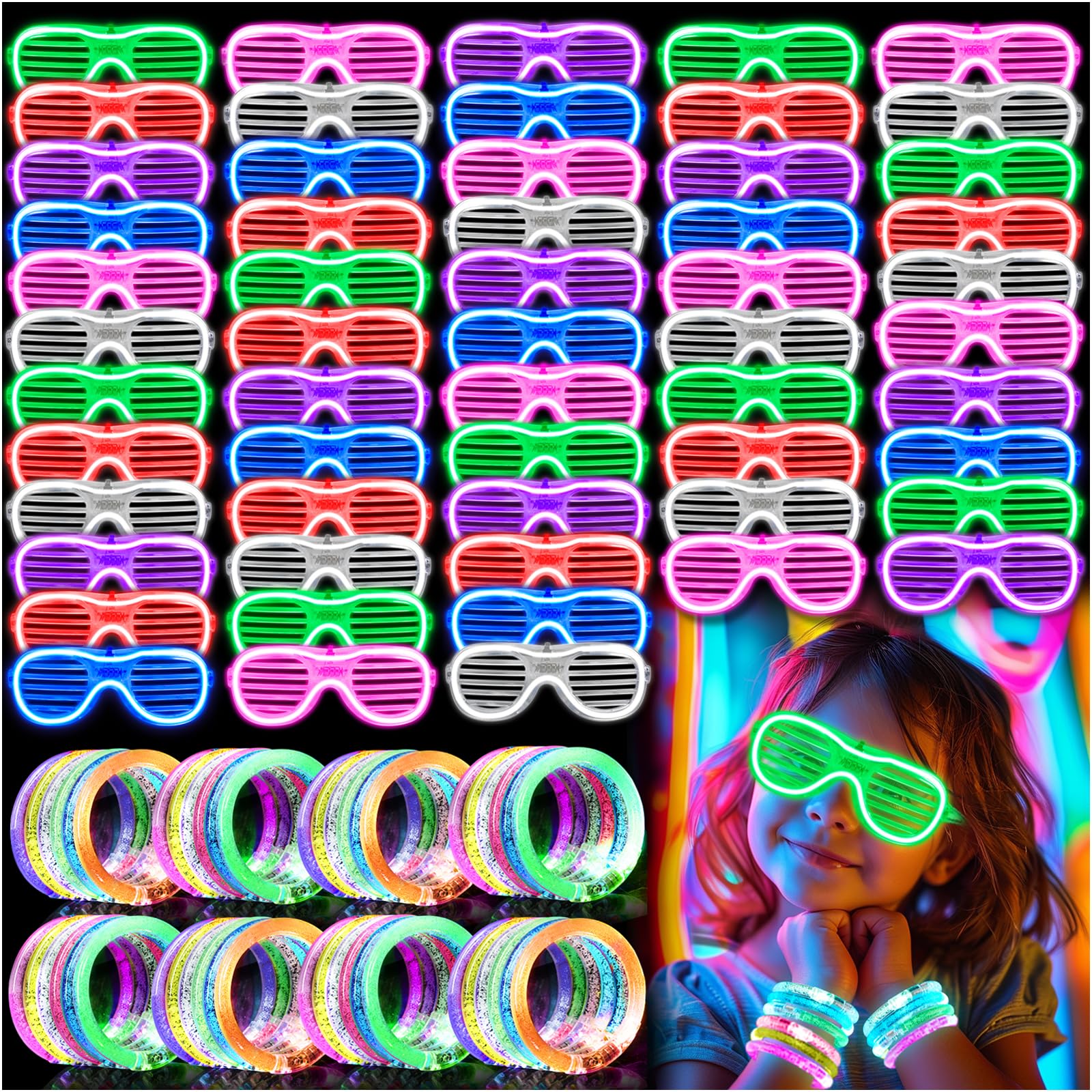 Paquete de 100 Gafas Luminosas y Pulseras LED con 6 Colores y 3 Modos de Parpadeo, Regalo a Granel de Neón para Niños y Adultos, Cotillones que Brillan en la Oscuridad para Halloween, Cumpleaños, Bodas, Bingo Brillante, Carnaval