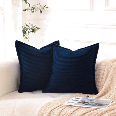 Linecooo Housses de Coussin en Velours Côtelé Bleu Marine Lot de 2 Décoratives Rayées Style Bohème avec Bordure Super Douces pour Canapé Salon Carrées Unies 40x40cm