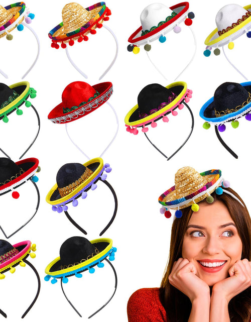 Load image into Gallery viewer, Mumufy 12 Pcs Cinco De Mayo Sombrero Headband Hats Bulk Mini Hat Headband with Fiesta Fabric Mexican Theme Decorations(Stylish)
