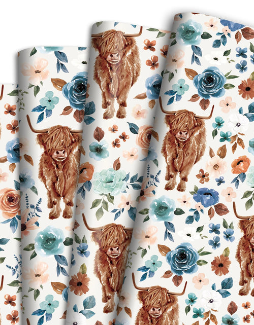 Load image into Gallery viewer, Vnaaem Boho Floral Highland Cow Wrapping Paper for boys girls- 6pcs Boho Floral Gift Wrap Paper Bulk with Highland Cow for Baby Shower Birthday Wedding Crafts Gift Packing(19.6 X27.8Inch)
