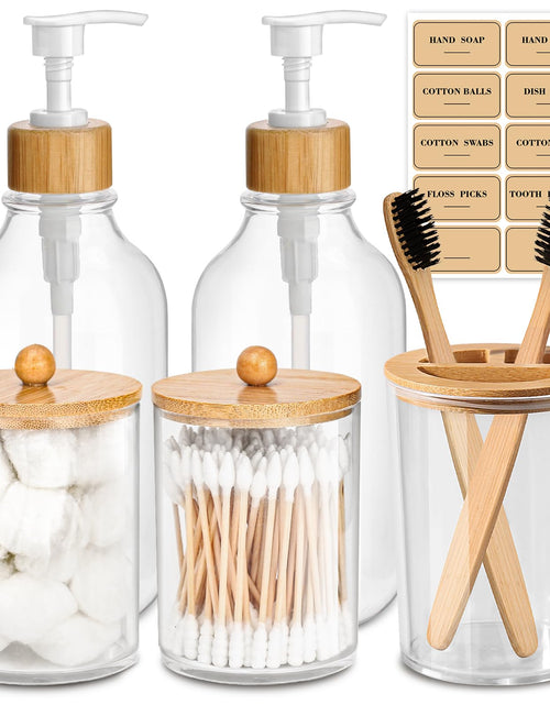 Charger l'image dans la visionneuse de galerie, ALPIRIRAL Bamboo Bathroom Accessory Set 5 Pcs Boho Bathroom Accessories Sets Complete Clear Bath Soap Dispenser and Toothbrush Holder Set Bathroom Counter Decor Qtip Cotton Ball Cotton Pads Holder
