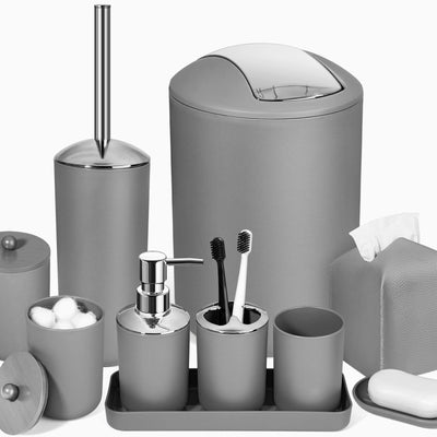 ALPIRIRAL Grey Bathroom Accessories Set 10Pcs Bathroom Accessory Set with Trash Can Soap Dispenser and Toothbrush Holder Soap Dish Cotton Ball & Qtip Holder Toilet Brush Holder Tissue Box Cover