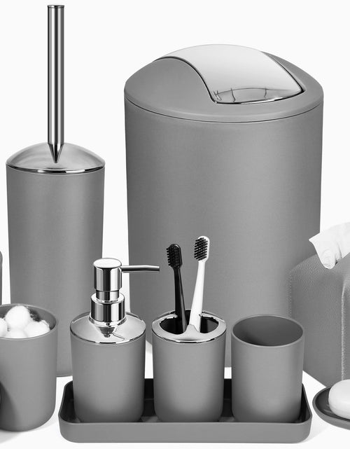 Load image into Gallery viewer, ALPIRIRAL Grey Bathroom Accessories Set 10Pcs Bathroom Accessory Set with Trash Can Soap Dispenser and Toothbrush Holder Soap Dish Cotton Ball &amp; Qtip Holder Toilet Brush Holder Tissue Box Cover
