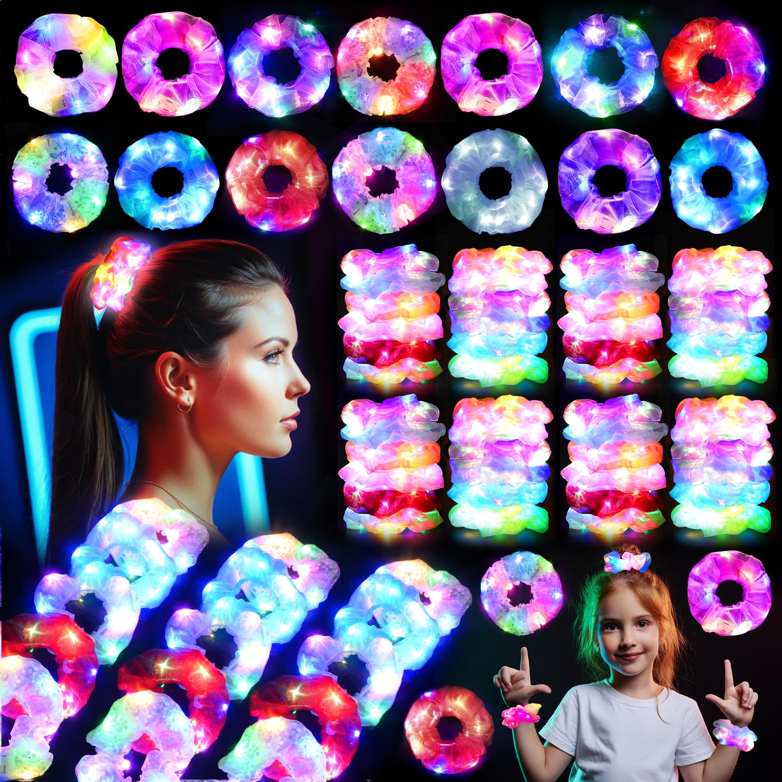 SHQDD 18 chouchous LED lumineux pour filles, accessoires de rave pour femmes, brillent dans le noir, fournitures de fête lumineuses, décorations de Noël pour fête néon lumineuse, Nouvel An, carnaval