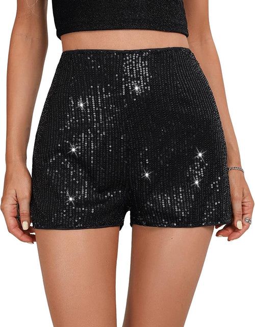 Load image into Gallery viewer, Geynaw Sequin Shorts for Women High Waist Elastic Sparkly Straight Leg Shorts Glitter Sparkle Shorts Solid Party Shorts(A2502-Black-S
