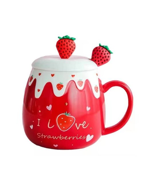 Load image into Gallery viewer, Coffee Mug Cups Ceramic Tea Cup Fruits Strawberry Shaped Handmade Cute Mugs With Lid Spoon Handle Office Home Hot Ice Chocolate Milk Mugs Gift Microwave Dishwasher Safe Travel Mugs (Strawberry)
