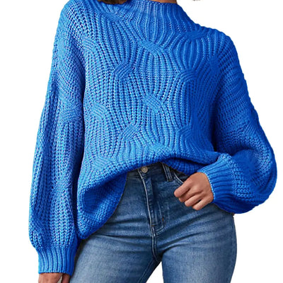 cordat Womens Sweaters 2024 Cute Elegant Soft Crewneck Dropped Shoulders Long Sleeve Cable Knit Pullover Tops Blue