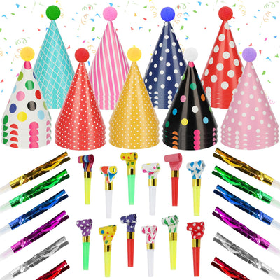 SAYAYA 116 Gorros de Fiesta en Cono Surtidos, Sombreros de Papel en Cono con Matasuegras y Matracas con Flecos Metálicos, Gorros de Cono y Matasuegras para Fiesta de Cumpleaños, Suministros para Fiesta de Cumpleaños