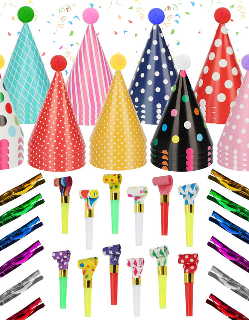 Load image into Gallery viewer, SAYAYA 116 PCS Party Cone Hats Assorted Cone Paper Hat with Party Blowers and Metallic Fringed Noise Makers Birthday Party Cone Hats Blowouts for Birthday Party Supplies
