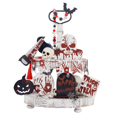 Halloween Decorations-17pcs Halloween Tiered Tray Decor Set Skull Spooky Bloody Splatter Handprint Footprint Chainsaw Wooden Signs Scary Tombstone Bats Indoor Tray Decor for Table (Spooky Style)
