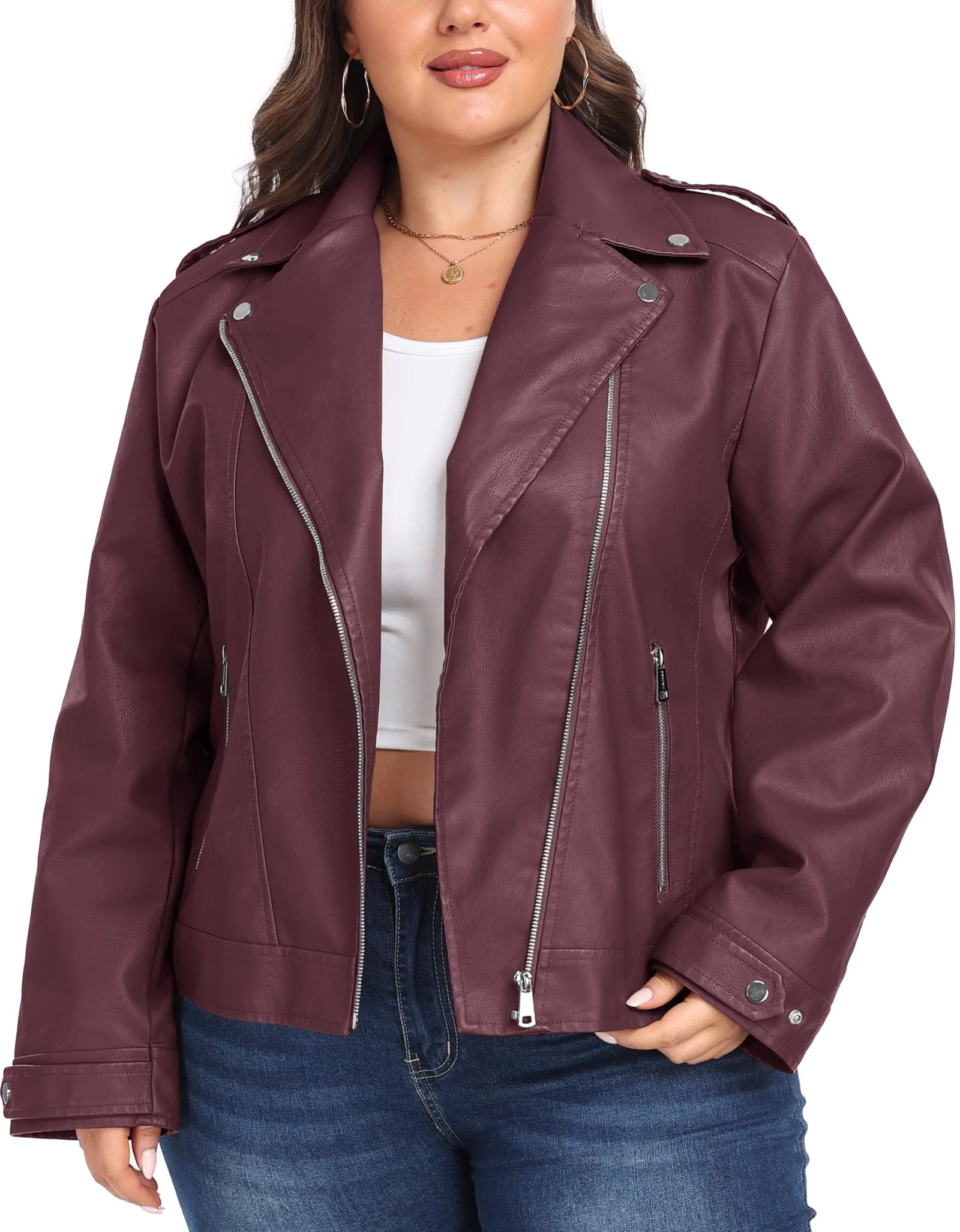 wantdo Womens Plus Size Faux Leather Jacket Short Moto Jacket Wine Red 1X