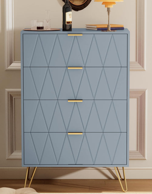 Cargar imagen en el visor de la galería, UEV Blue 4 Drawer Dresser for Bedroom Tall Bedroom Dresser with Large Drawer &amp; Golden Handles Wooden Modern Storage Cabinet Chest of Drawer for BedroomHallwayCloset (Blue)
