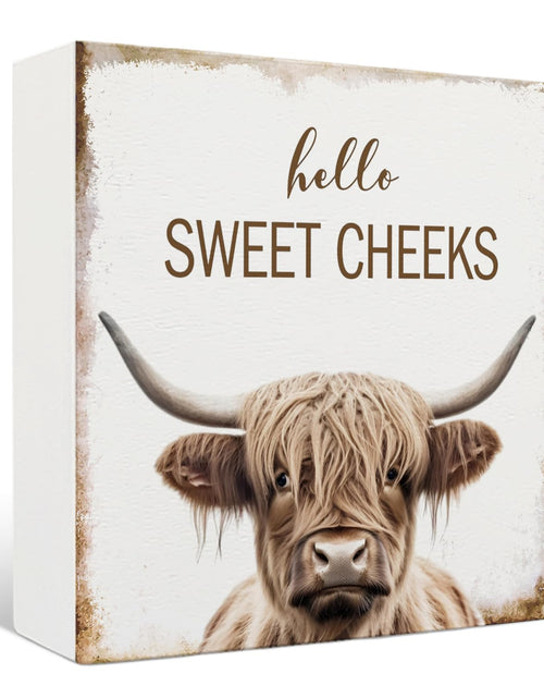 Load image into Gallery viewer, Nrleey Highland Cow Bathroom Decor - Hello Sweet Cheeks Bathroom Decor Rustic Western Bathroom Wood Sign Highland Cow Decor Western Bathroom Sign 5 X 5 Inches
