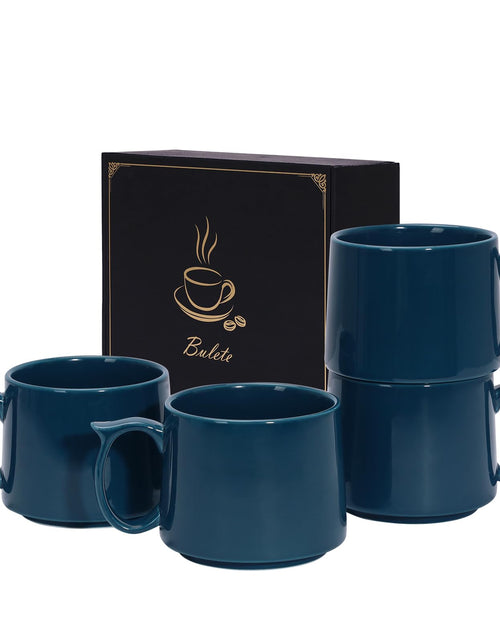 Charger l'image dans la visionneuse de galerie, Lot de 4 grandes tasses à café de 560 ml, empilables en céramique avec de grandes anses pour café, latte, cappuccino, lait, cacao, compatibles lave-vaisselle et micro-ondes, idéales pour hommes et femmes (Bleu)
