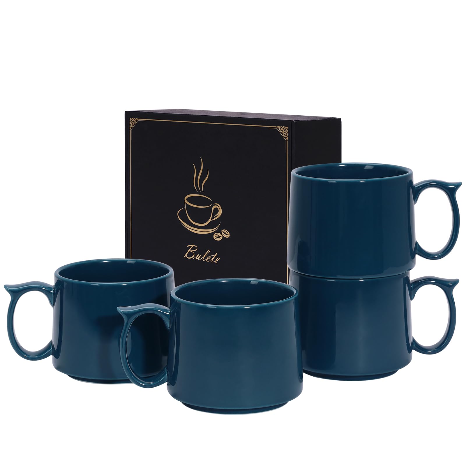 Lot de 4 grandes tasses à café de 560 ml, empilables en céramique avec de grandes anses pour café, latte, cappuccino, lait, cacao, compatibles lave-vaisselle et micro-ondes, idéales pour hommes et femmes (Bleu)