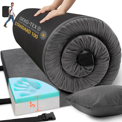 Airpanda Memory Foam Camping Mattress Sleeping Pad 3" Thick Waterproof Portable Roll Up Sleeping Mats & Floor Mattress Pad with Pillow + Travel Bag for Camping Car Truck Tent Sleepover Kids Adult