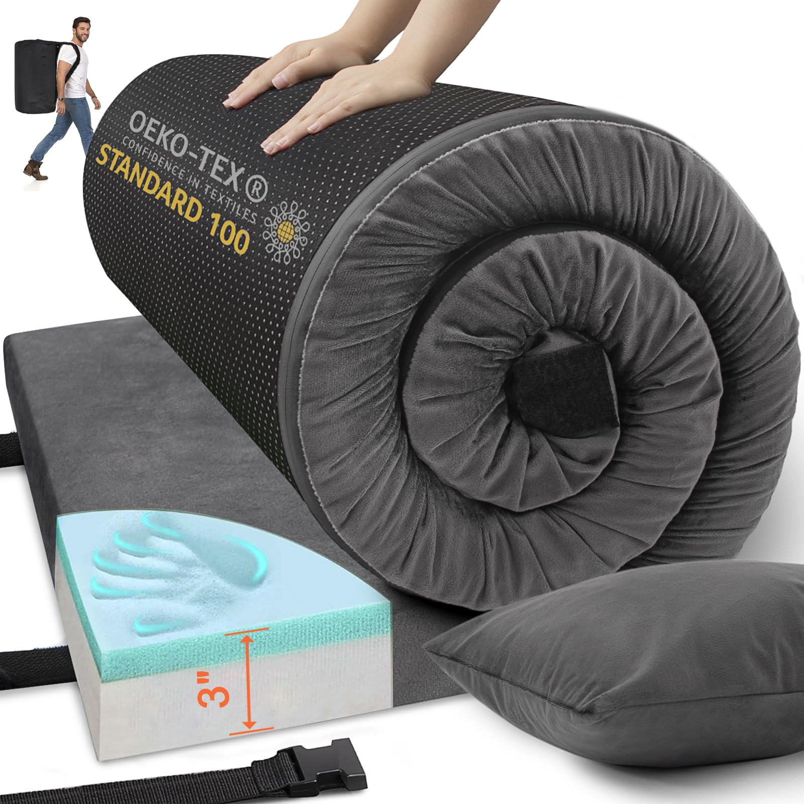 Airpanda Memory Foam Camping Mattress Sleeping Pad 3" Thick Waterproof Portable Roll Up Sleeping Mats & Floor Mattress Pad with Pillow + Travel Bag for Camping Car Truck Tent Sleepover Kids Adult