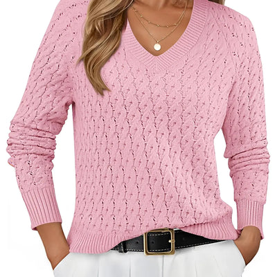 MEROKEETY Suéteres de crochet de manga larga con cuello en V para mujer, otoño 2024, tops de punto calados, rosa claro M