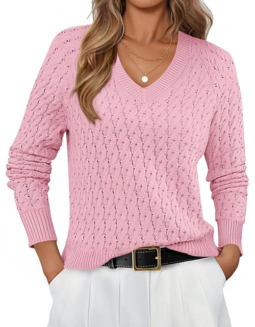Charger l'image dans la visionneuse de galerie, MEROKEETY Pulls Femme Tricot Creux Manches Longues Col V Automne 2024 Rose Clair M
