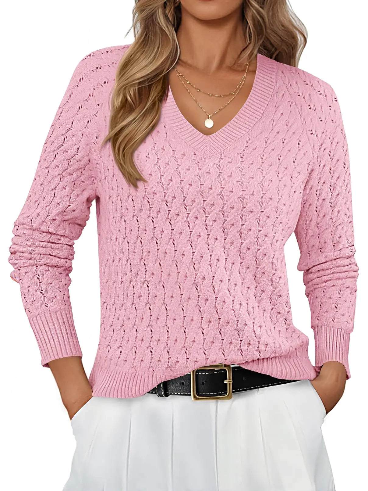 MEROKEETY Pulls Femme Tricot Creux Manches Longues Col V Automne 2024 Rose Clair M