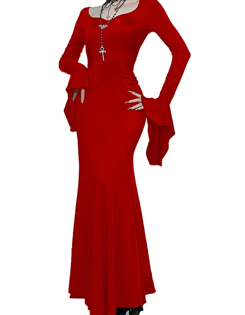 Load image into Gallery viewer, TSMNZMU Gothic Maxi Dresses for Women Dark Style Slim Long Dresses Long Flare Sleeve V-Neck Vintage Evening Dress
