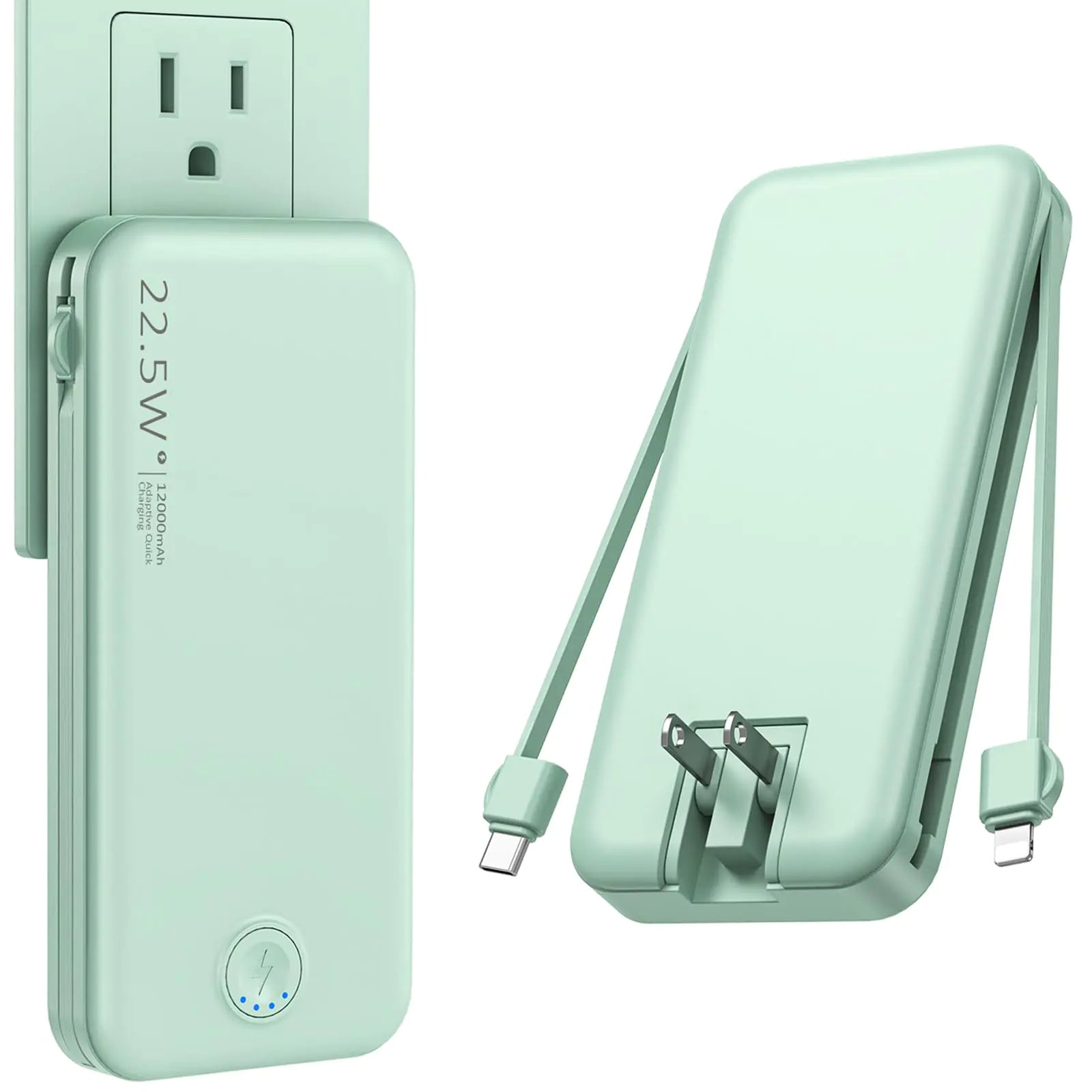 Cargador portátil Nusyddy con cable incorporado y enchufe de pared de CA, Power Bank USB C de 12000 mAh, carga súper rápida de 22,5 W, cargador de teléfono ligero y portátil, batería externa de viaje para iPhone, Samsung y tablets
