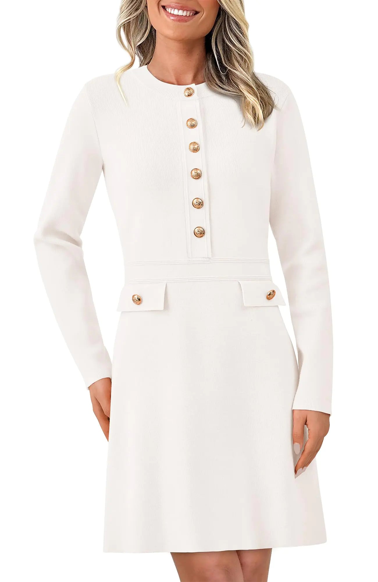 BTFBM Women Fall Dresses 2024 Casual Long Sleeve Bodycon Sweater Dress Decorative Button Formal Mini Dresses(Solid Beige WhiteX-Large)