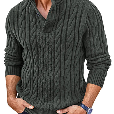Runcati Mens Cable Knit Pullover Sweater Casual Stand Collar Chunky Buttons Fall Winter Sweaters Dark Grey