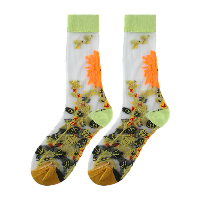 Fashionable Thin Mid Tube Flower Forest Glass Stockings