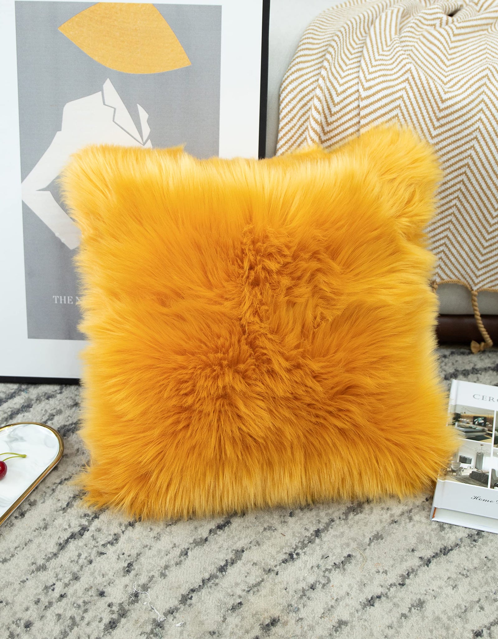 LIGICKY Luxury Series Soft Faux Fur Throw Pillow Cover Decorative Square Plush Pillow Case Cushion Cover for Couch Sofa Bed 20" x 20" Camel