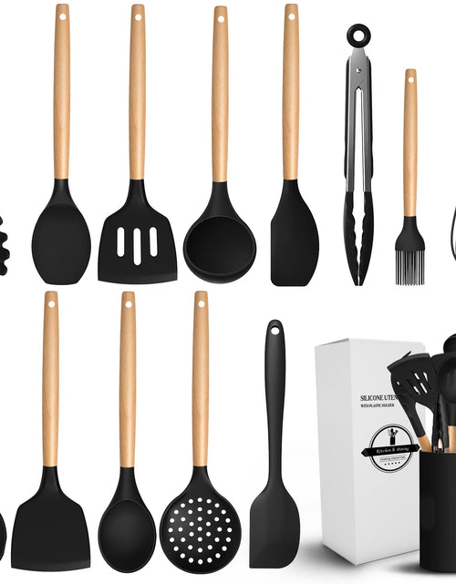 Cargar imagen en el visor de la galería, Juego de utensilios de cocina de silicona de 14 piezas - Juego de utensilios de cocina de silicona - Juego de utensilios de cocina negros - Juego de utensilios de silicona para cocinar
