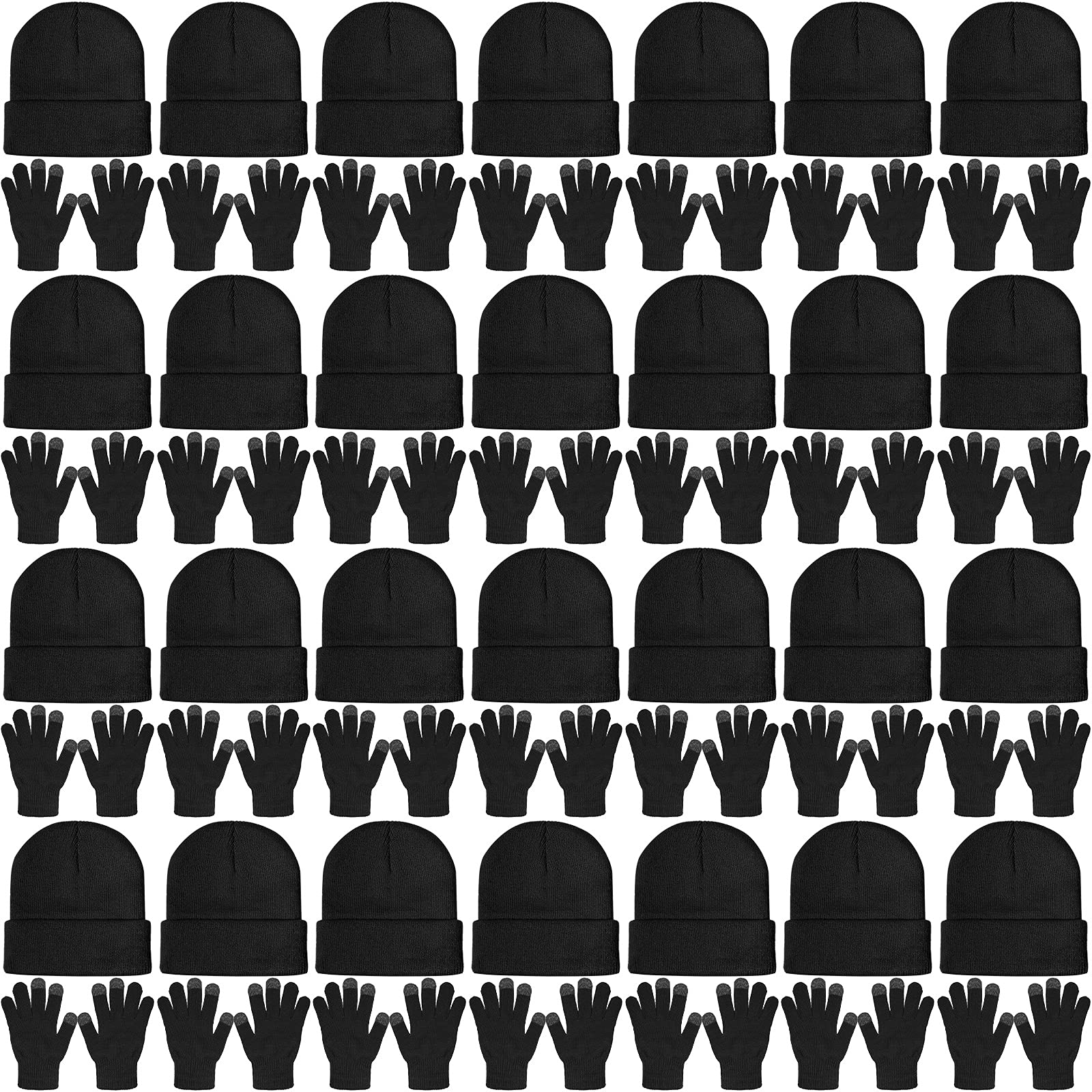 SATINIOR 56 Pieces Bulk Winter Hats Winter Beanies Touchscreen Gloves Combo Pack Knitted Cuffed Skull Caps Bulk Pack for Men Women Black